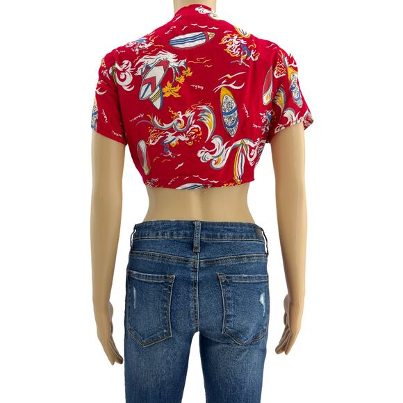 VINTAGE American KALA LARGE 80’s Red Hula Aloha Hawaiian Knot Tie Crop Top Shirt - Picture 4 of 6